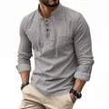 Men's vintage grey cotton linen long sleeve lace-up Henley shirt for casual beach wear - S / Tops / Gray