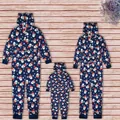 Family matching Christmas Santa Claus print hooded onesies laid out on a light wood background - Women's XL / Top And Bottom / Navy Blue