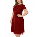 Elegante abito midi in chiffon bordeaux taglie forti con linea ad A e maniche a balze. - Borgogna