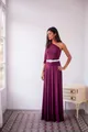 Elegant plum one-shoulder multi-way bandage maxi dress featuring a white lace belt - Deep purple