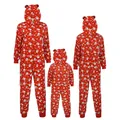 Vista detallada de peleles rojos de Navidad para familia con estampados de Papá Noel y nieve - Mujeres XL / Top Y Pantalón / Rojo