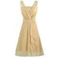Elegant champagne chiffon cocktail dress with V-neckline and sparkling rhinestone brooch. - S / Top And Bottom / Yellow