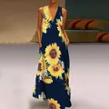 Bohemian sleeveless V-neck maxi dress with yellow sunflower print and side pockets - S / Bottoms / Navy Blue