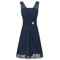 Front view of elegant navy blue chiffon bridesmaid dress with pleated waist and brooch. - S / Top And Bottom / Navy Blue