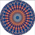 Serviette de plage ronde mandala bohème avec pompons en bleu et orange vif - Mandala Ethnique