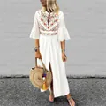 White boho maxi dress with colorful floral embroidery and flared sleeves detail - 3XL / Tops / White