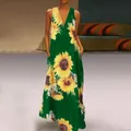 Elegant Bohemian V-neck sleeveless maxi dress with vibrant sunflower print and pockets - S / Bottoms / Green