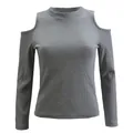 Grey ribbed knit long-sleeve top with cold-shoulder cutouts and stylish mock neck - S / Tops / Gray