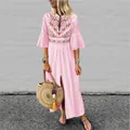 Detail view of ethnic bohemian pink maxi dress with floral embroidery and flared sleeves - 3XL / Tops / Pink