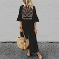 Detail view of ethnic embroidered bell sleeve A-line maxi dress in elegant black finish - 3XL / Tops / Black