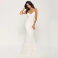 Elegant white lace mermaid wedding dress featuring V-neck straps and a long floor train - S / White
