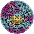 Bohemian mandala round beach towel with elephant pattern in vibrant purple and blue gradient - Elephant Pictographic Style