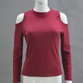 Burgundy long-sleeved cold-shoulder ribbed knit top for women with a mock neck design - S / Tops / Burgundy