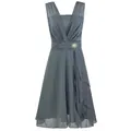 Elegant slate grey V-neck bridesmaid dress with waist brooch and ruffled hem details - S / Top And Bottom / Gray