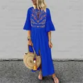 Robe longue style bohème avec broderie florale complexe et manches cloche élégantes - Bleu