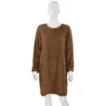 Brown long-sleeved oversized plush crewneck dress shown on a white studio mannequin - S / Bottoms / Brown