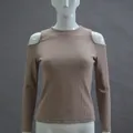Close-up detail of beige ribbed long sleeve cold shoulder knit sweater for women - S / Tops / Khaki