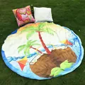Serviette de plage ronde en polyester avec imprimé palmier tropical et noix de coco - Cocotier Été