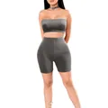Close-up detail of the grey high-elastic two-piece sports set with tube top and shorts - S / Top And Bottom / Gray