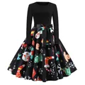 Elegante vestido vintage de Navidad de manga larga con estampados de dibujos festivos - S / Tops / Verde