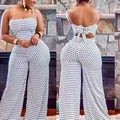 Detailed front and back views of a white polka dot jumpsuit with a chic bow tie back - S / Top And Bottom / White
