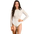 Eleganter weißer Damen Body aus floraler Spitze mit langen Ärmeln und Rundhals Ausschnitt. - Weiß Ohne Klappe