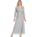 Elegant silver floral lace cardigan and flowing chiffon maxi dress two-piece set. - L / Top And Bottom / Silver