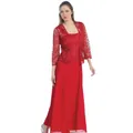 Elegant red two-piece set featuring a lace cardigan and long chiffon dress for women. - L / Top And Bottom / Red