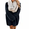 Elegant navy blue plush long sleeve mini dress with loose fit and cozy crew neck - S / Tops / Navy Blue