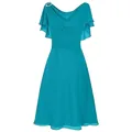 Abito elegante in chiffon turchese con spalle scoperte e raffinati dettagli a balze - Celeste