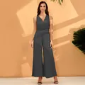 Elegant dark grey sleeveless multi-way wrap wide-leg jumpsuit for women's summer fashion - S / Top And Bottom / Gray