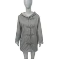 Warm gray mid-length women's hooded coat with toggle buttons and fleece lining - S / Tops / Gray