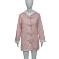 Women's pink mid-length hooded winter coat with white faux fur trim and toggle buttons - S / Tops / Pink