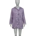Stylish lavender hooded mid-length duffle coat with toggle buttons and soft white cuffs - S / Tops / Purple