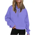 Dettaglio della felpa con cappuccio scuba lavanda da donna con mezza zip e tasca grande - Taglia S / Top / Violetto