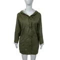 Women's olive green mid-length winter hooded coat with toggle buttons and warm plush lining - S / Tops / Green