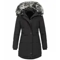 Detailed front view of women's black hooded parka featuring a plush faux fur trim - S / Tops / Black