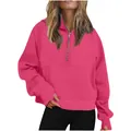 Primo piano della felpa Scuba rosa con mezza zip, fori per i pollici e tasca a marsupio - Taglia S / Top / Rosso rosa