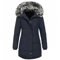 Detail view of navy blue women's hooded winter parka jacket with fluffy grey faux fur trim - S / Tops / Dark Blue