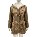 Women's tan hooded duffle coat with toggle buttons and white fleece lining variant. - Brown