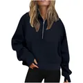 Felpa con cappuccio corta oversize blu navy a mezza zip con asole per pollici donna - 5XL / Top / Blu navy