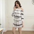 Stylish white and black tie-dye print off-the-shoulder mini dress with elastic waist - S / White