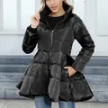 Black slim fit stand collar puffer jacket with flared peplum hem and zipper closure - S / Tops / Black