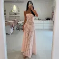 Elegant sexy pink floral sheer maxi dress for summer beach vacation and party wear - S / Tops / Pink