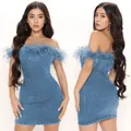 Sexy denim off-the-shoulder mini bodycon dress with blue feather trim detailing - S / Top And Bottom / Blue