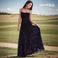 Elegant black lace spaghetti strap maxi dress perfect for summer seaside vacations - S / Tops / Black