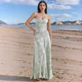 Elegant light green floral maxi sundress with thin spaghetti straps for beach vacations - S / Tops / Light Green