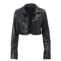 Chic cropped black faux leather jacket featuring a lapel collar and button-down front - S / Tops / Black