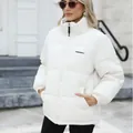 Women's stylish warm white puffer jacket featuring a stand collar for the winter season - White