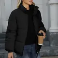 Stylish plus size women's winter warm black puffer jacket with stand collar for outdoor wear - S / Tops / Black